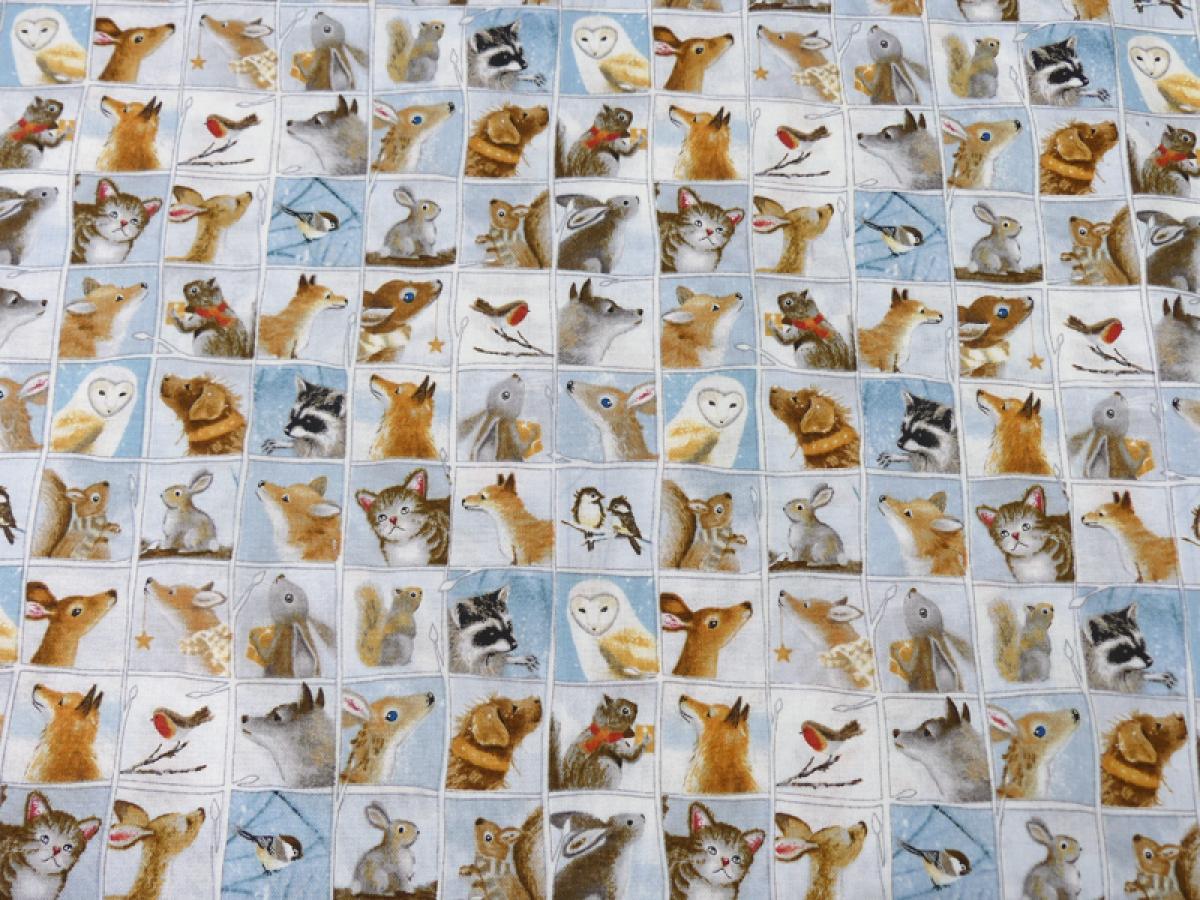 Patchworkstoff Woodland Friends mit mini Tieren Ausschnittansicht